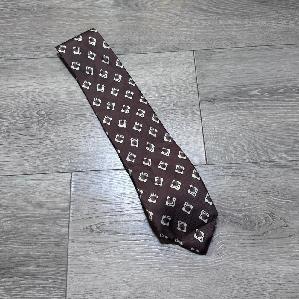 Jasco Brown Silk‎ Geometric Diamond Pattern Necktie Made in Italy 3.5 Inch